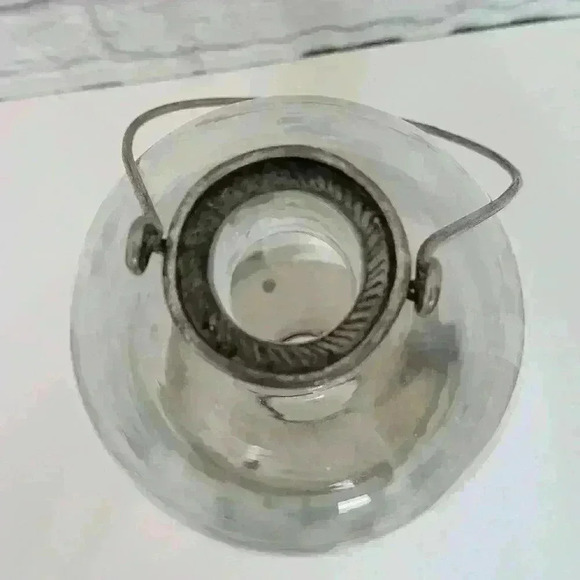 Large 14" Jug  Etched Crystal Tea Votive Candle Holder Silver Metal Handle - Picture 4 of 15